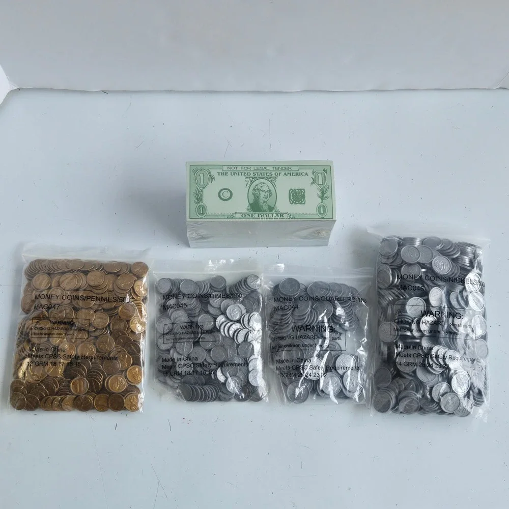 Play Money Set 750 Bills 1350 Coins Pennies Dimes Quarters Nickels MAC051 MAC047